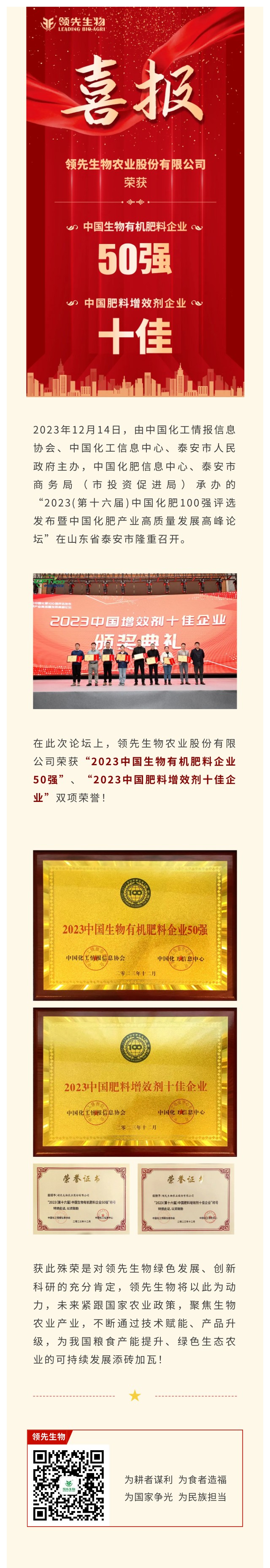 實(shí)力上榜 | 領(lǐng)先生物榮獲2023中國生物有機(jī)肥料企業(yè)50強(qiáng)！中國肥料增效劑十佳企業(yè)！